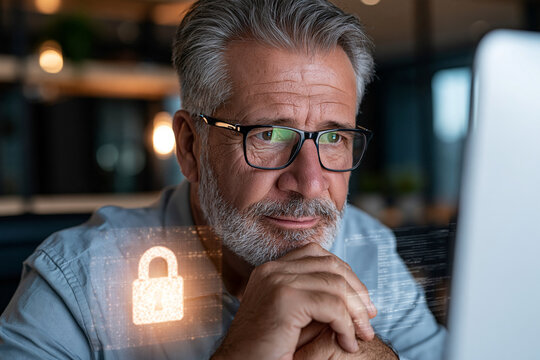 Focused man studies digital security with thoughtful gaze. Glasses, grey beard, calm expression, thoughtful posture. Glowing padlock symbol floats beside his hand