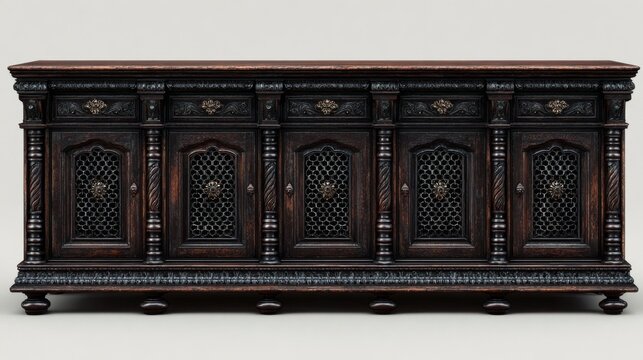 An ornate antique dark wood sideboard featuring five carved mesh doors, detailed columns, and decorative metal hardware isolated against a light gray background.   Antique furniture stores, interior 