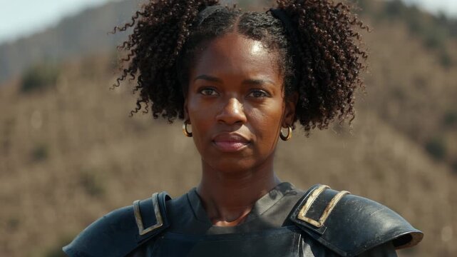 Woman in black and gold armor nodding before distant brown hills