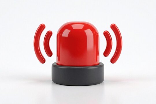 Red 3D emergency siren icon on white background. Glossy alarm bell with sound waves signals danger urgent notification. Minimalist warning light for app UI, web banner security system alert. Flashing