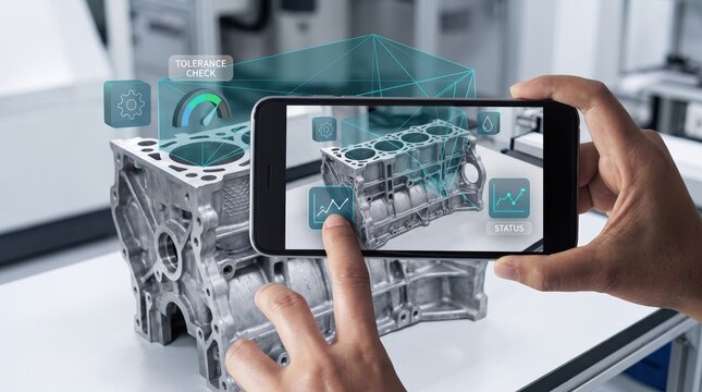 Engineer using smartphone for augmented reality inspection of engine block, industrial quality control with tolerance check overlay, technical analysis via mobile app