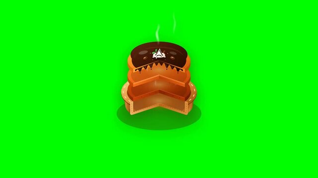 Delicious pumpkin pie cutaway animation in a flat vector style with melted chocolate drizzle, showcasing an autumn dessert slice for Thanksgiving and seasonal food concepts.
