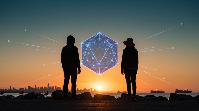 Silhouettes of people looking at floating blockchain network structure against sunset city skyline representing cryptocurrency, fintech innovation
