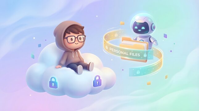 Layered Personal Data Privacy Protection Concept Whimsical Illustration of Cloud Storage Security with Robot Assistant and Child in Hoodie on Cloud