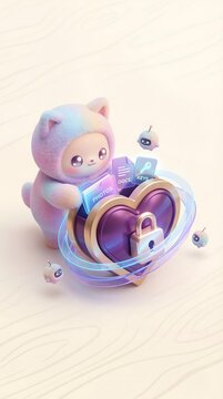 Layered Personal Data Privacy Protection Concept Cute Kawaii Character Securing Digital Files in Heart Vault with Lock and Mini Drones in Pastel 3D Illustration