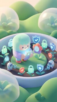 Layered Personal Data Privacy Protection Concept Whimsical Digital Security Garden with Cartoon Characters Nurturing Cybersecurity Growth Through Cute Animated Plants and Locks