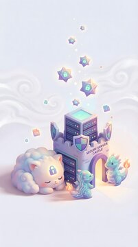 Layered Personal Data Privacy Protection Concept Whimsical Cloud Server Guardian in Fantasy Castle with Enchanted Privacy Protection Stars Surrounded by Digital Dragons