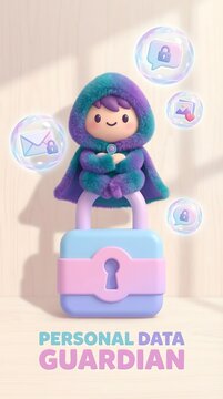 Layered Personal Data Privacy Protection Concept Whimsical Data Security Illustration Featuring Cute Character with Lock and Digital Icons for Privacy Protection