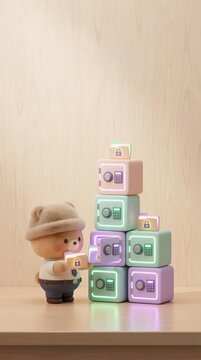 Layered Personal Data Privacy Protection Concept Charming Plush Bear Stacks Neon Safe Boxes in Minimalist Wooden Room - Conceptual Security and Childhood Imagination