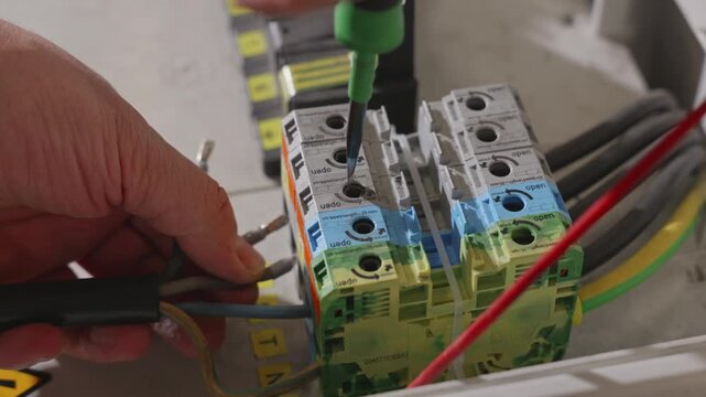 Hands use a screwdriver to secure wires into electrical terminal blocks in a steady close view of an industrial enclosure.
