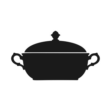 Vintage soup tureen silhouette icon with decorative handles and lid isolated vector illustration