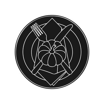 Black and white plate with fork, knife, napkin, and pumpkin vector illustration