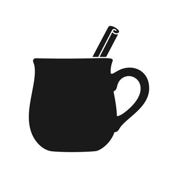 Black silhouette of a hot beverage mug with a cinnamon stick vector icon