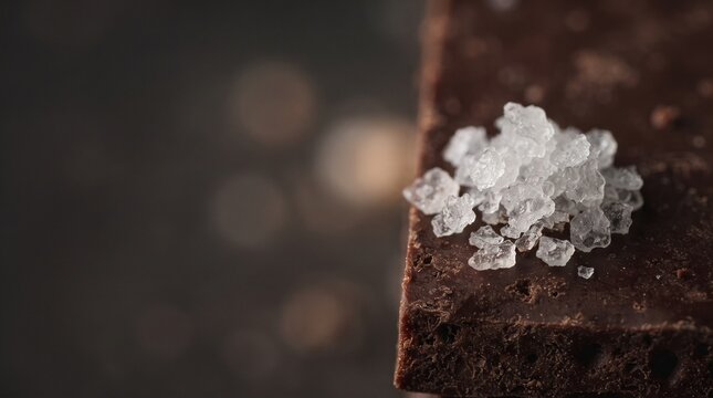 Sea salt flakes on dark chocolate for gourmet dessert blogs and confectionery packaging