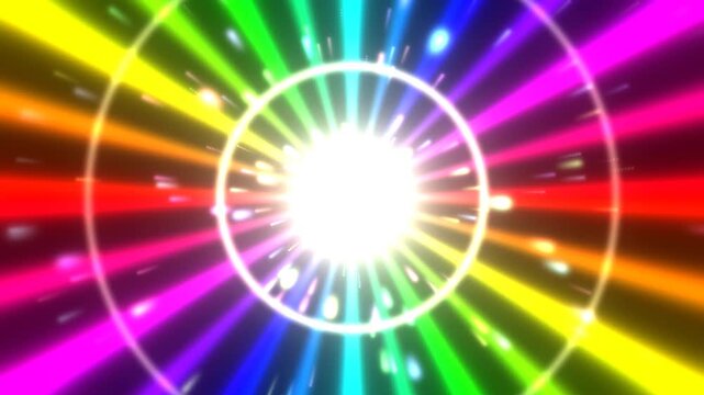 回転する虹色の光と衝撃波の輪 遊技機風のド派手な背景 ループ