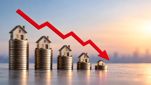 Real Estate Market Crash and Property Value Devaluation Concept with Small Houses on Decreasing Stacks of Gold Coins and a Red Downward Arrow Against a City Sunset Background