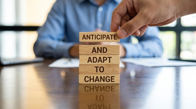 Hands building block tower with words attitude adapt to change