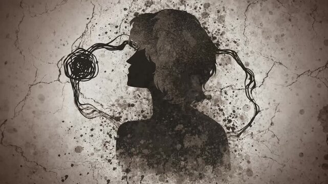 female silhouette with tangled thoughts entering and leaving her head representing mental rumination