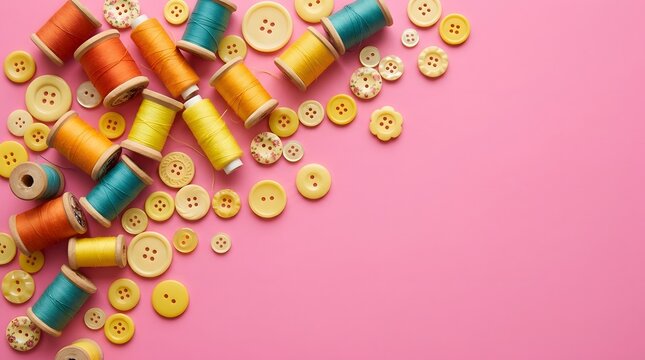 A vibrant and colorful arrangement of sewing threads and buttons scattered creatively on a soft pastel pink background showcasing crafting