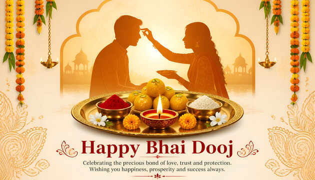 Happy Bhai Dooj greeting banner with sister silhouette applying tilak on brother and traditional brass pooja thali