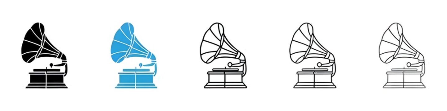 Gramophone icons vector illustrations in black and blue colors for web and ui designs. Thin line customizable illustration. Contour symbol. Vector isolated outline drawing. Editable stroke