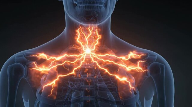 Human Cervical Spine Pain - Glowing Vertebrae and Energy Bolts in Medical Animation - Cinematic 4K Science Footage