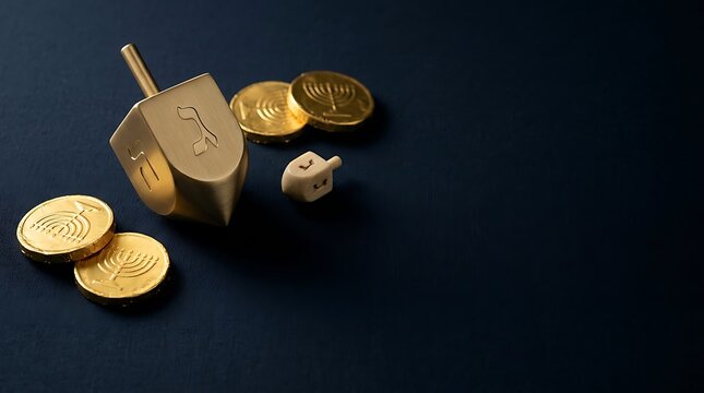 A beautiful hanukkah scene featuring golden dreidels and a dark elegant background for the festival of lights