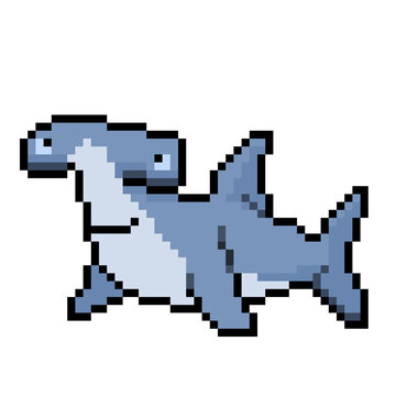 Retro pixel art 8 bit hammerhead shark vector icon illustration for marine life design