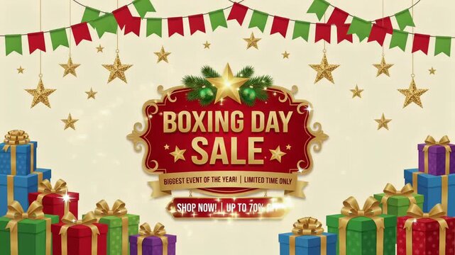 Boxing Day Sale 70 Off Promo Sign Gift Boxes Bunting Retail Shopping Event Motion Graphic Loop
