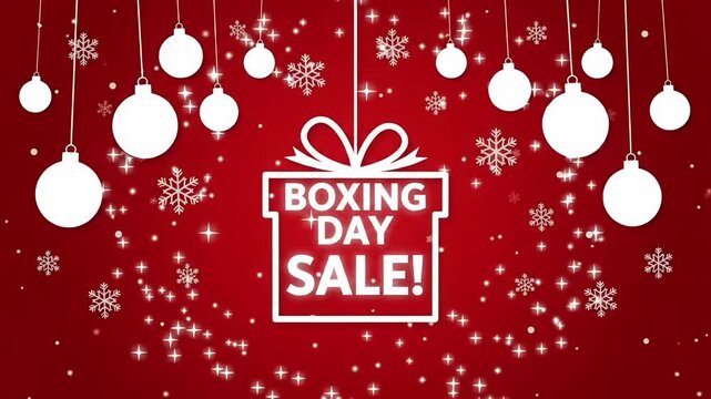 Boxing Day Sale Promo Retail Event White Gift Box Ornaments Snowflakes Red Motion Graphic Background Loop
