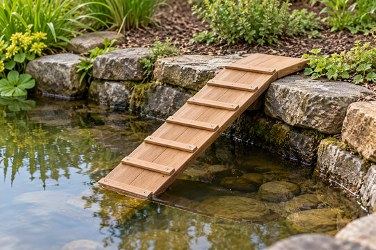 Textured wildlife escape ramp at the edge of a quiet garden pond