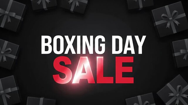 Boxing Day Sale Promo Dark Mode Black Gift Boxes Retail Discount Motion Graphic Loop
