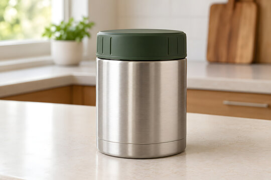 Closed reusable food flask on a simple kitchen work surface