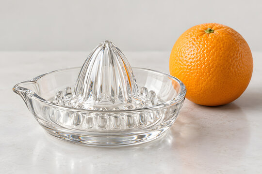 Manual glass citrus juicer beside one fresh orange
