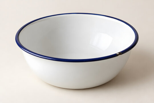 White enamel bowl with a dark blue rolled rim on a neutral surface