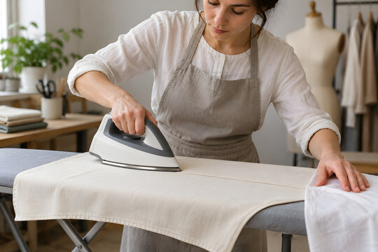 Tailor pressing a plain fabric seam on a small ironing board