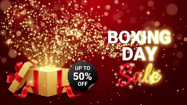 Boxing Day Sale Up to 50% Off promo discount gift box exploding particles red gold motion graphic background loop
