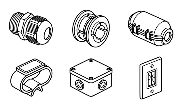 Set of isometric electrical hardware components including cable glands conduit fittings junction boxes and wall switches