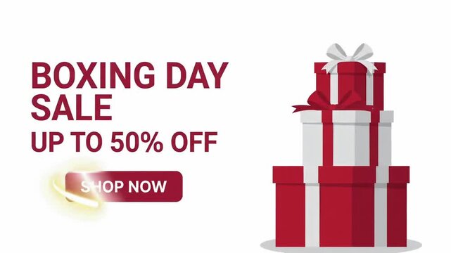 Boxing Day Sale Up to 50% Off Shop Now promo discount retail gift boxes stack 2d motion graphic animation loop

