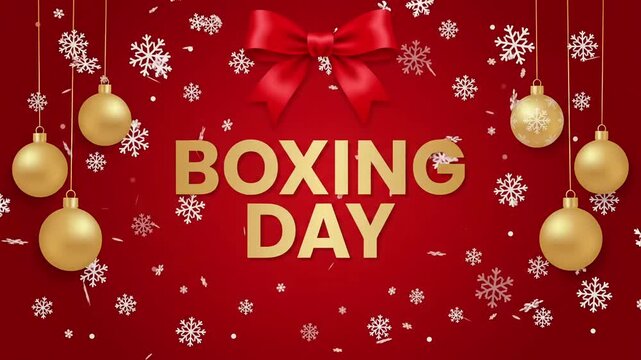 Boxing Day sale promo discount event red ribbon gold ornaments snowflakes motion graphic animation loop
