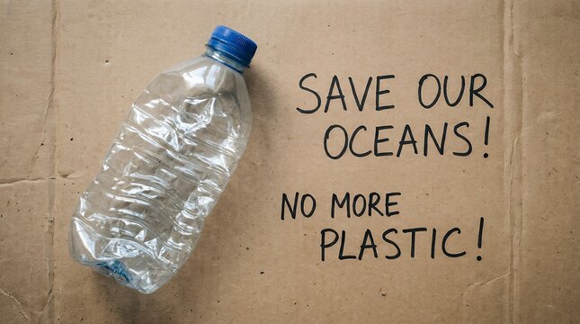 Save Our Oceans, a powerful environmental message against plastic pollution; crumpled plastic bottle on a cardboard background, urging for a sustainable future, eco-friendly lifestyle.