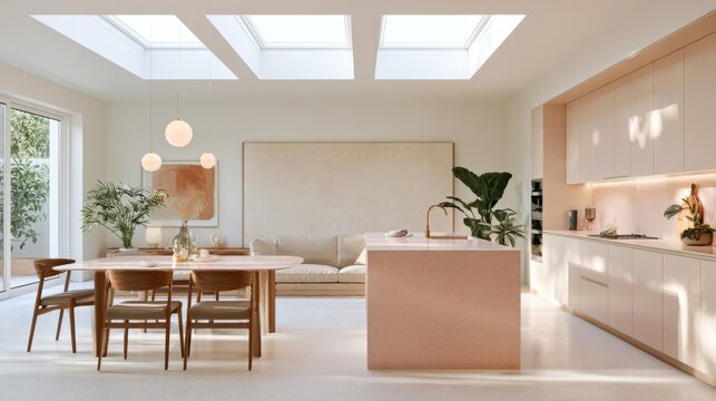 Wooden chairs and table, pink kitchen island, open plan living space with skylights interior design