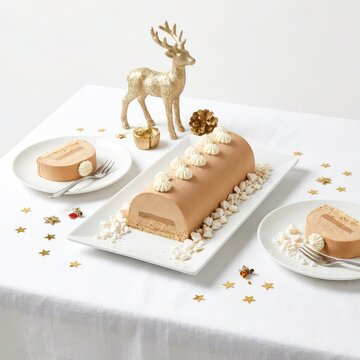 Christmas yule log cake with festive decorations