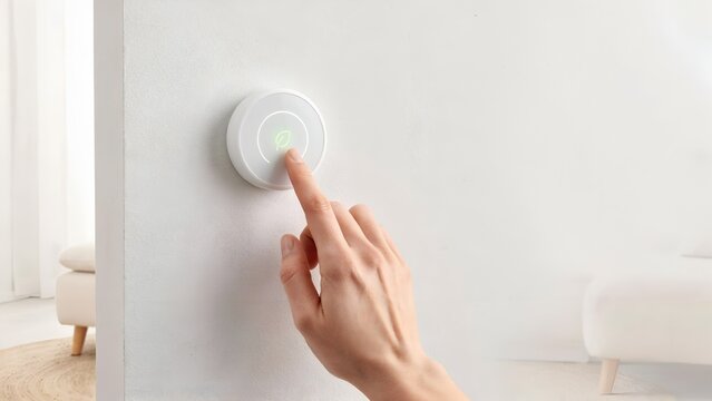 A persons finger pressing a circular smart home wall switch with a glowing green leaf icon, representing energy efficiency and modern home automation technology in a bright room
