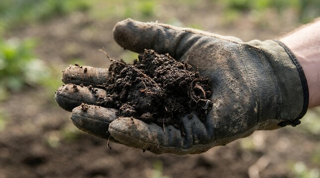 Organic fertile soil in gloved hand, rich dark compost for gardening, farmer holding handful of black earth for planting and agriculture