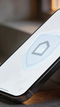 Vertical video: Appearing blue shield sliding across phone on wood desk, marking pentagon security