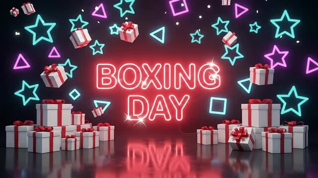 Boxing Day sale promo event neon sign glowing stars gift boxes 3d render motion graphic animation loop
