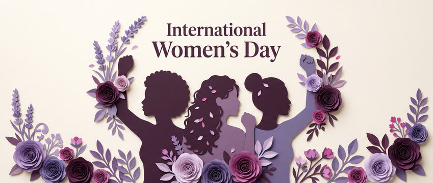 International womens day banner featuring silhouettes of three diverse women raising fists surrounded by intricate paper cut flowers arranged in elegant frames on light cream background