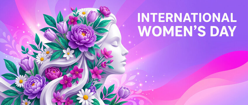 International womens day banner featuring 3d artistic portrait of woman in profile with flowing hair made of colorful spring flowers on vibrant purple and pink gradient background