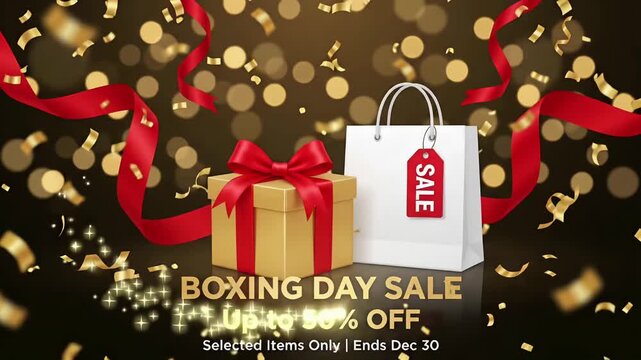 Boxing Day Sale Up to 50% Off promo discount shopping bag gift box gold confetti 3d render motion graphic loop
